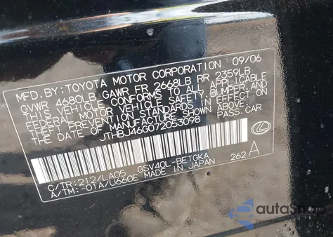 2007 Lexus Es 350 z USA, uszkodzony, nr VIN JTHBJ46G072053098